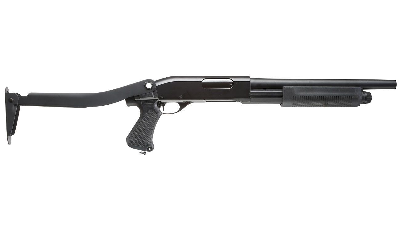 Cyma M870 Shotgun mit Stahl-Klappschaft Medium-Type Tri-Barrel Vollmetall Springer 6mm BB schwarz Bild 2