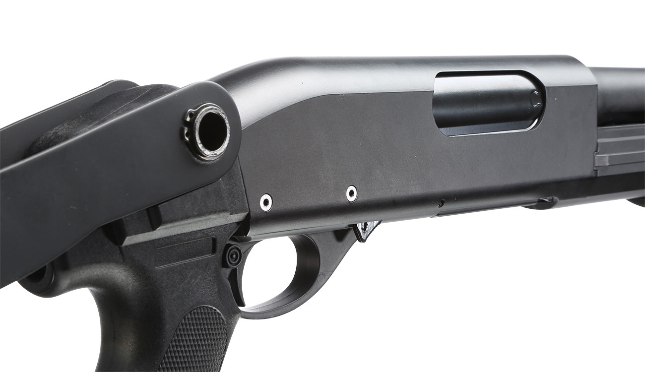 Cyma M870 Shotgun mit Stahl-Klappschaft Medium-Type Tri-Barrel Vollmetall Springer 6mm BB schwarz Bild 1
