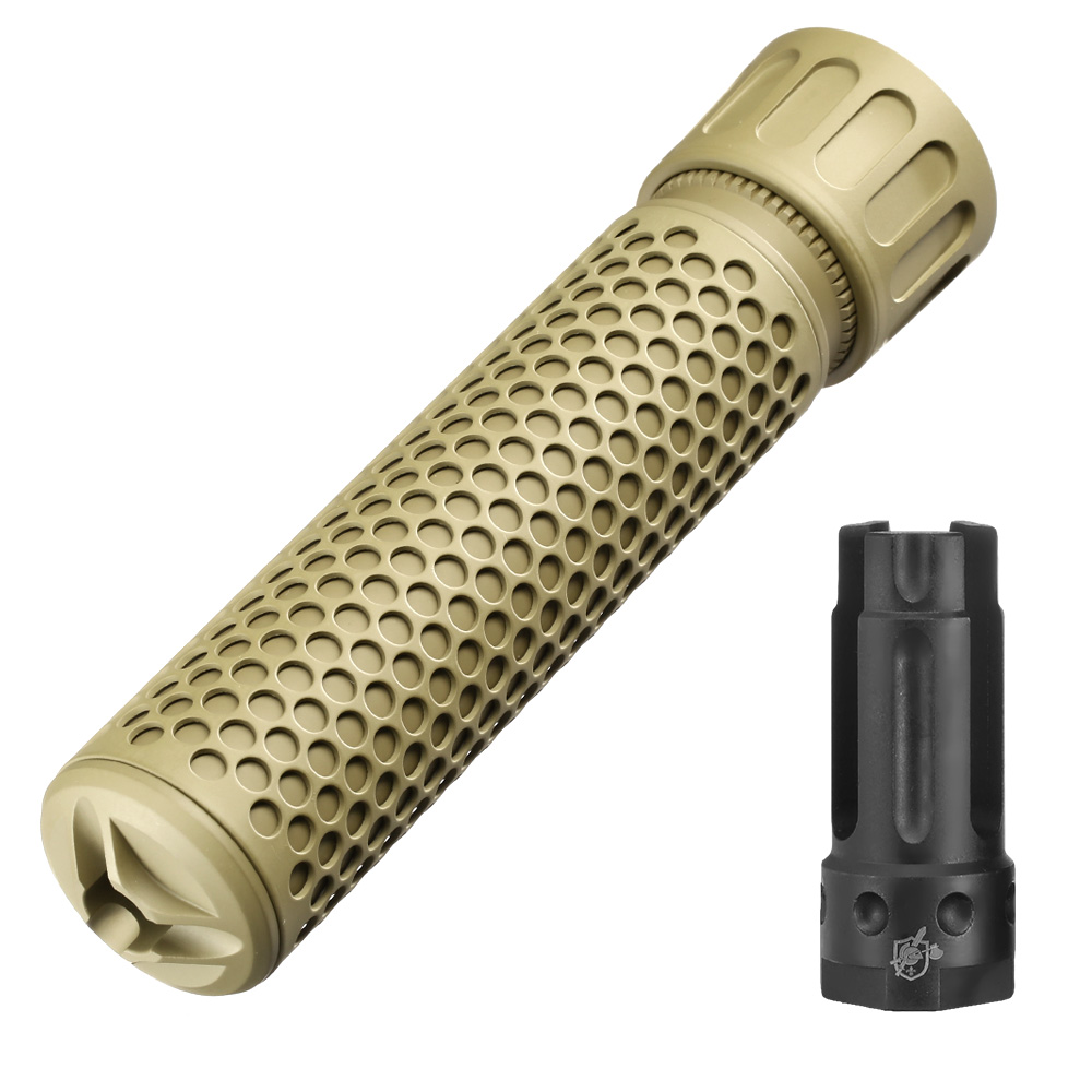 MadBull / Knight's Armament QDC Suppressor Quick Detach mit 3 Prong Flash-Hider 14mm+ Tan