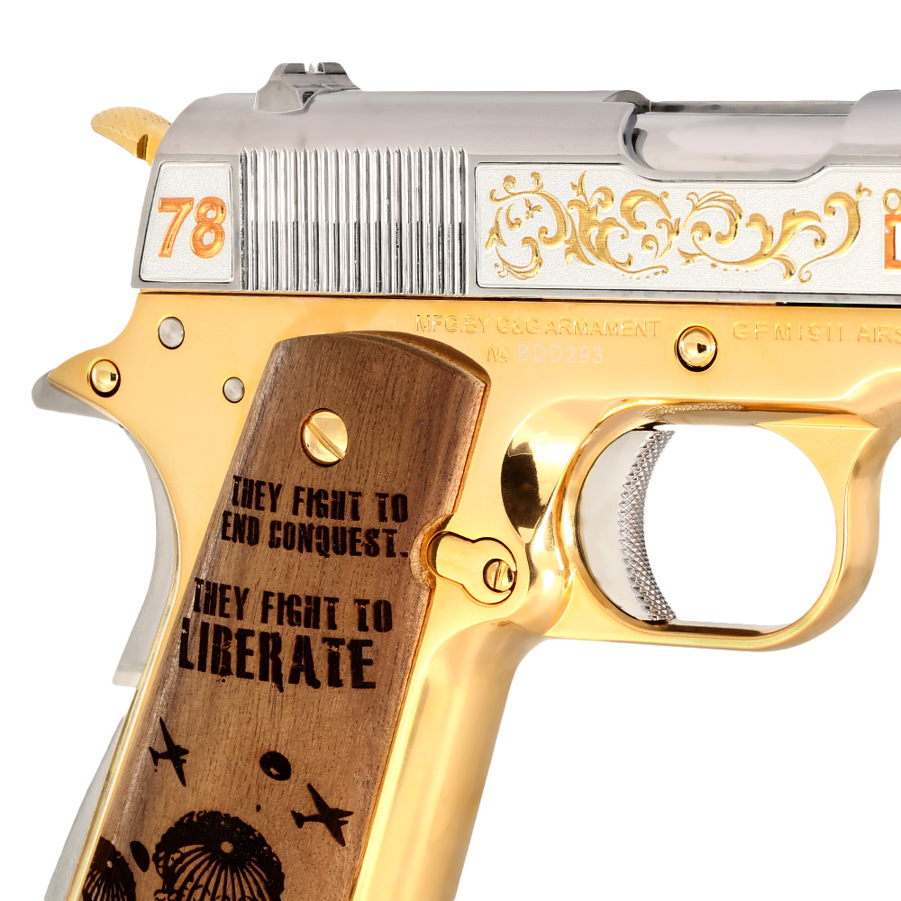 G&G GPM1911A1 D-Day 78 Anniversary Vollmetall 6mm BB gold-chrome inkl. Holzschatulle Limited Edition Bild 1