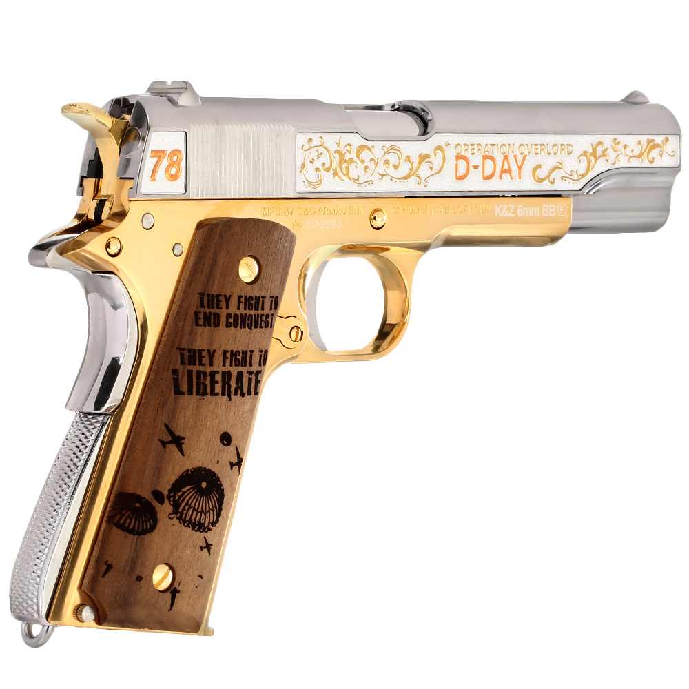 G&G GPM1911A1 D-Day 78 Anniversary Vollmetall 6mm BB gold-chrome inkl. Holzschatulle Limited Edition Bild 4