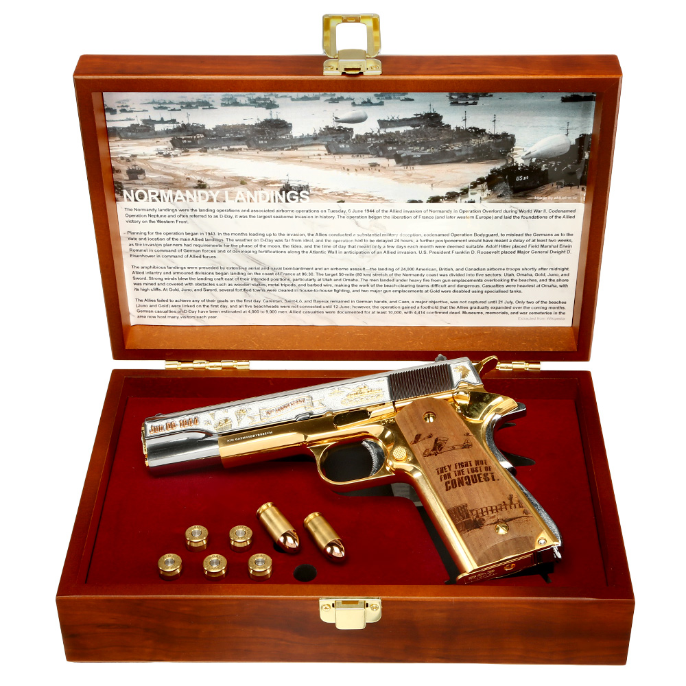 G&G GPM1911A1 D-Day 78 Anniversary Vollmetall 6mm BB gold-chrome inkl. Holzschatulle Limited Edition Bild 1