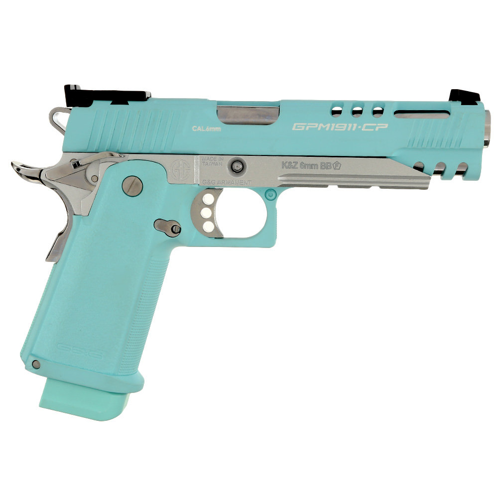 G&G GPM1911 CP Hi-Capa Metallrahmen GBB 6mm BB Macaron Blue Edition inkl. Pistolenkoffer Bild 1