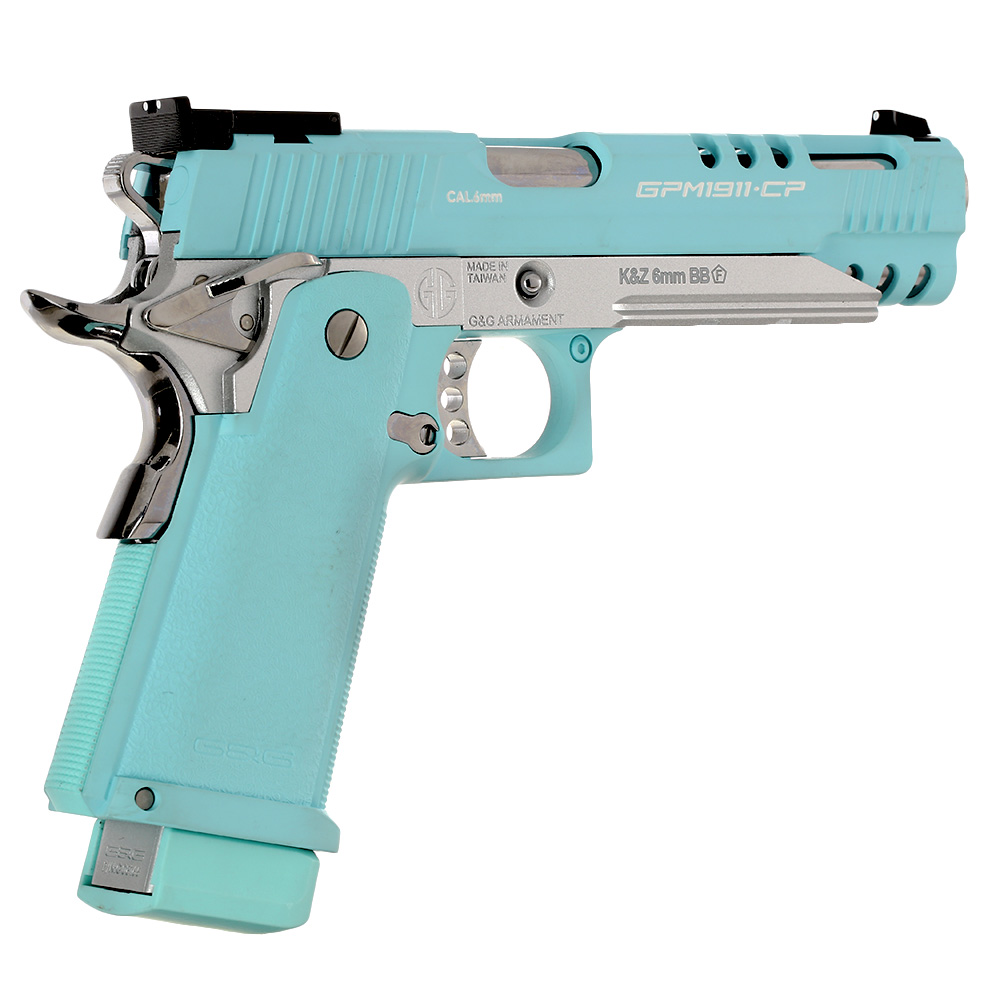 G&G GPM1911 CP Hi-Capa Metallrahmen GBB 6mm BB Macaron Blue Edition inkl. Pistolenkoffer Bild 4