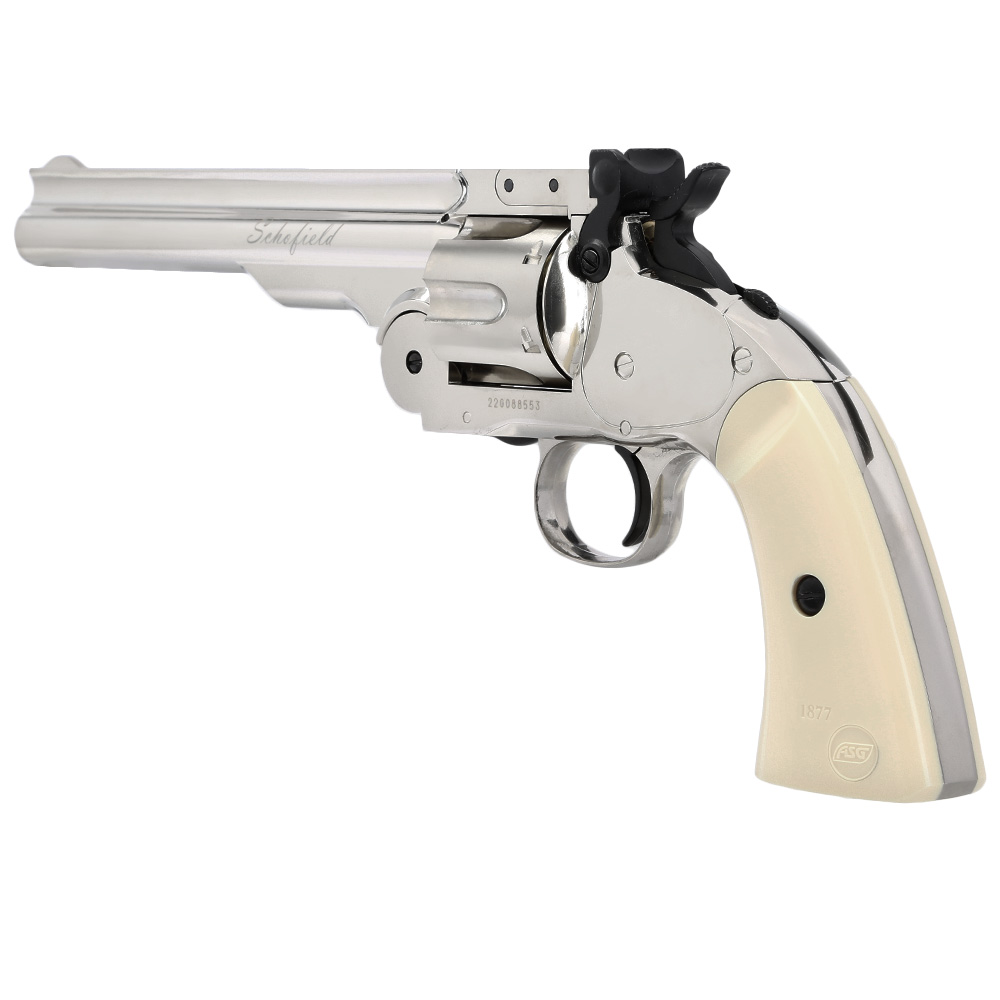ASG Schofield 1877 6 Zoll Revolver Vollmetall CO2 6mm BB Silber-Chrom-Finish Bild 9