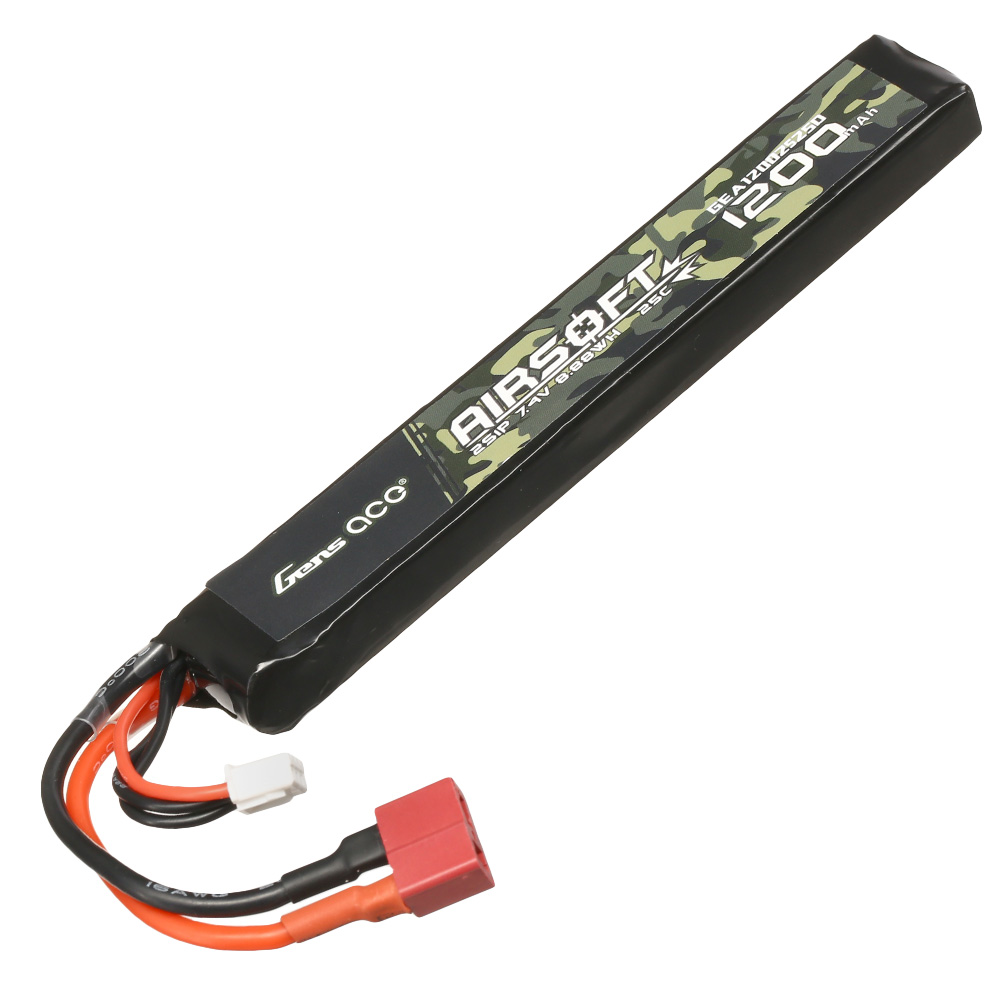 Gens Ace Airsoft LiPo Akku 7,4V 1200mAh 25C / 80C Long Stock-Tube Type m. T-Stecker Anschluss