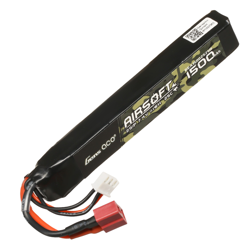 Gens Ace Airsoft LiPo Akku 7,4V 1500mAh 25C / 80C Long Stock-Tube Type m. T-Stecker Anschluss Bild 2