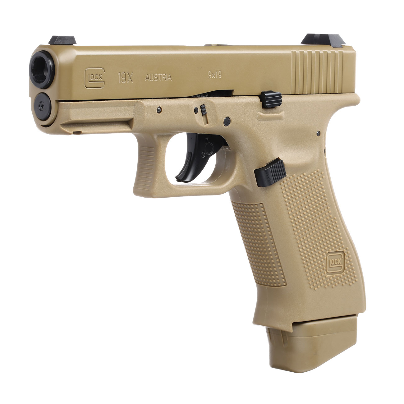 Glock 19X mit Metallschlitten CO2 BlowBack 6mm BB Coyote Tan