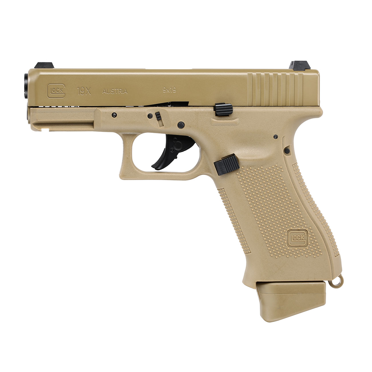 Glock 19X mit Metallschlitten CO2 BlowBack 6mm BB Coyote Tan Bild 1