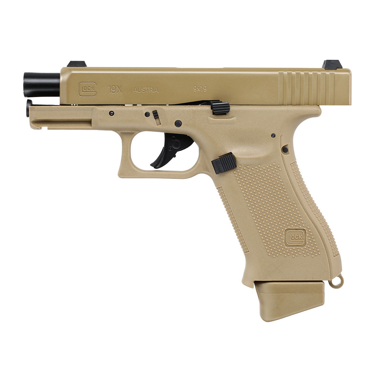 Glock 19X mit Metallschlitten CO2 BlowBack 6mm BB Coyote Tan Bild 2