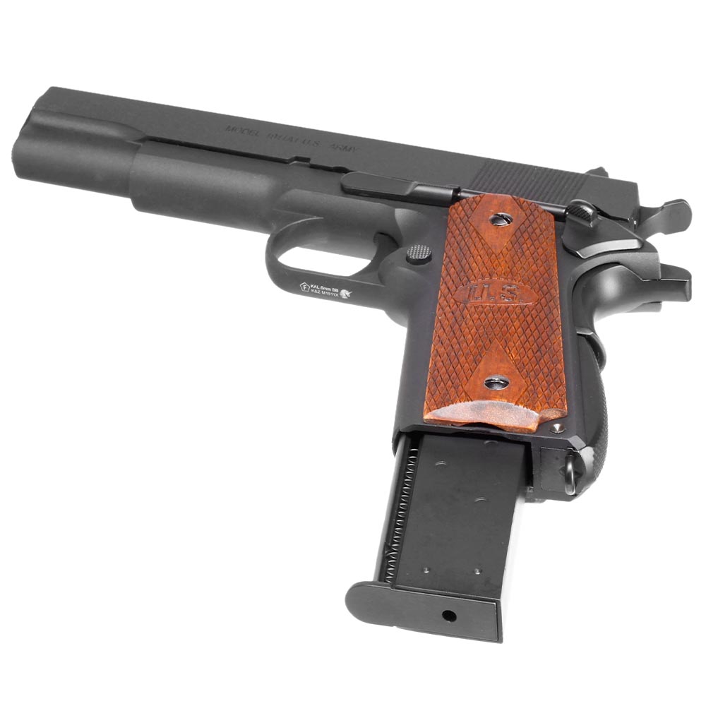 Cybergun / AWC Auto-Ordnance 1911 Vollmetall GBB 6mm BB matt schwarz - Echtholzgriffschalen Bild 5