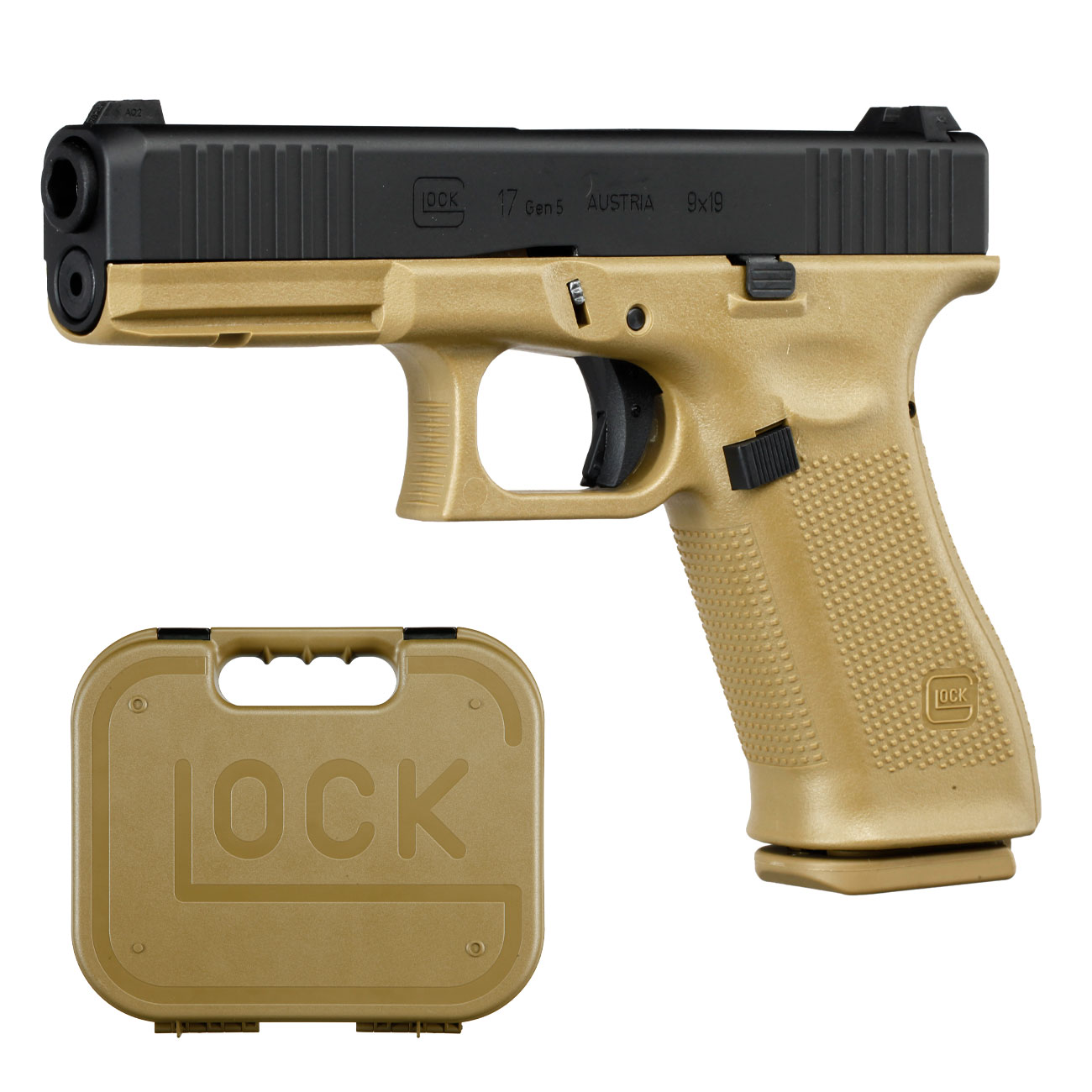 Glock 17 Gen. 5 Airsoftpistole mit Metallschlitten GBB 6mm BB schwarz / coyote French Army Edition