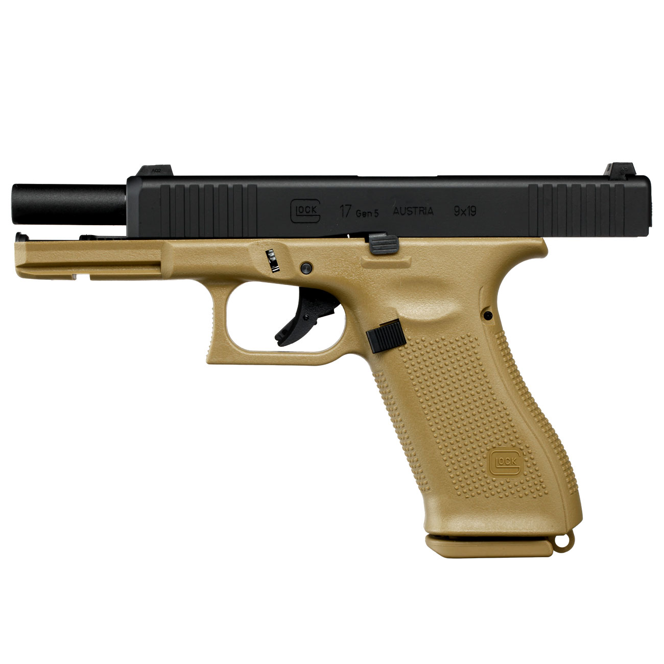 Glock 17 Gen. 5 Airsoftpistole mit Metallschlitten GBB 6mm BB schwarz / coyote French Army Edition Bild 2