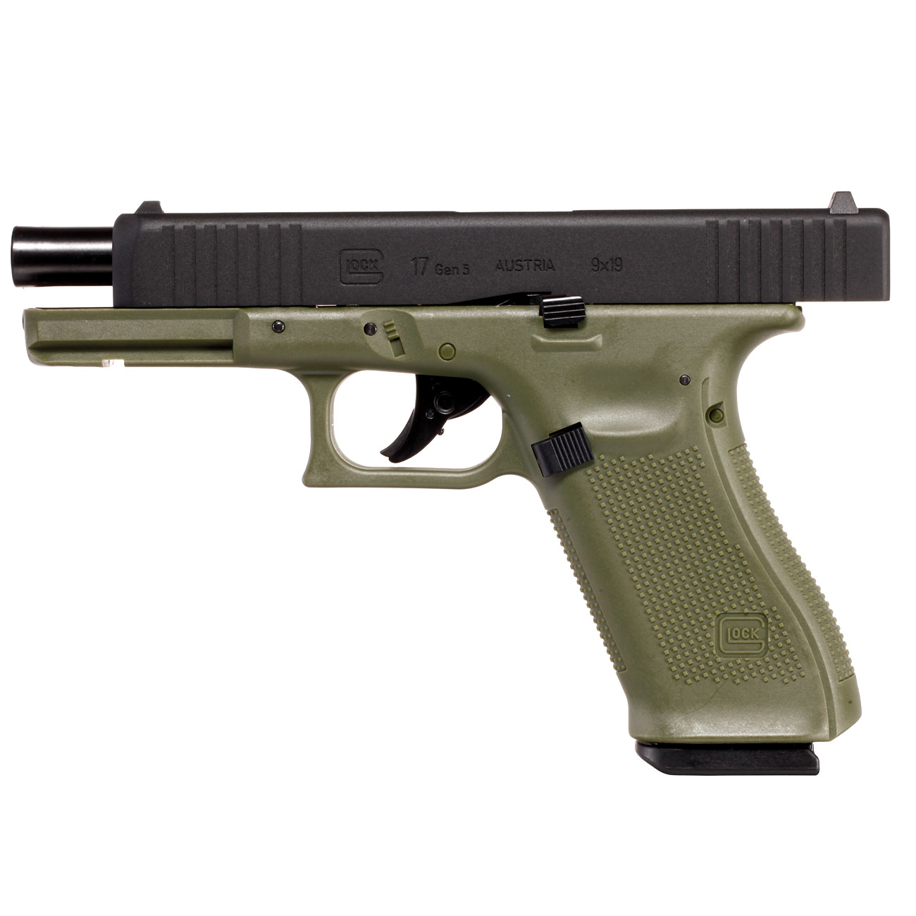 Glock 17 Gen. 5 Airsoft mit Metallschlitten CO2 BlowBack 6mm BB schwarz / Battlefield Green Bild 2