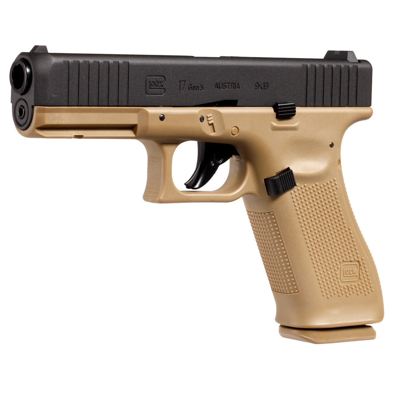 Glock 17 Gen. 5 mit Metallschlitten CO2 BlowBack 6mm BB schwarz / coyote