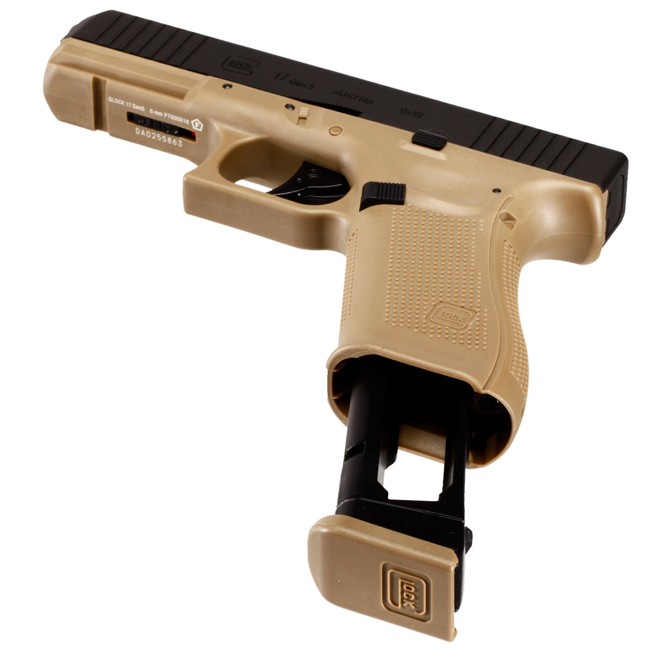 Glock 17 Gen. 5 Airsoft mit Metallschlitten CO2 BlowBack 6mm BB schwarz / coyote Bild 5
