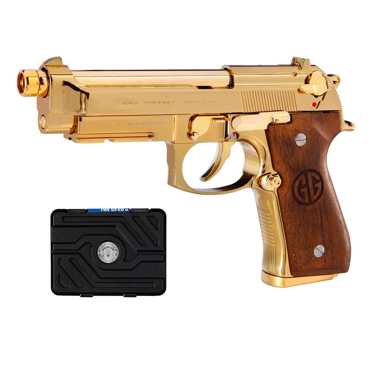 G&G GPM92 GP2 Airsoftpistole Vollmetall GBB 6mm BB Gold-Chrome inkl. Pistolenkoffer - Walnussholz Limited Edition