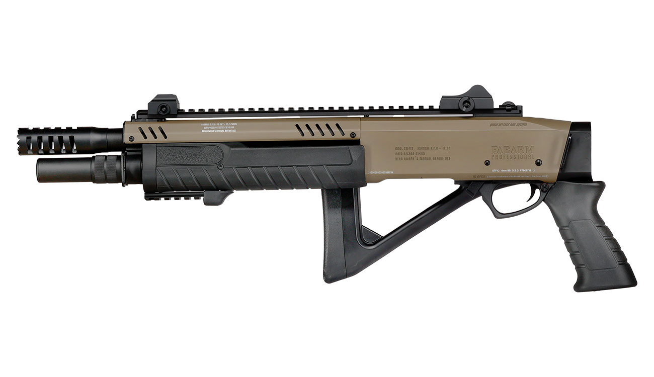 CYMA / BO Manufacture Fabarm STF12 Compact 11 Zoll Vollmetall Pump Action Gas Shotgun 6mm BB Flat Dark Earth Bild 2