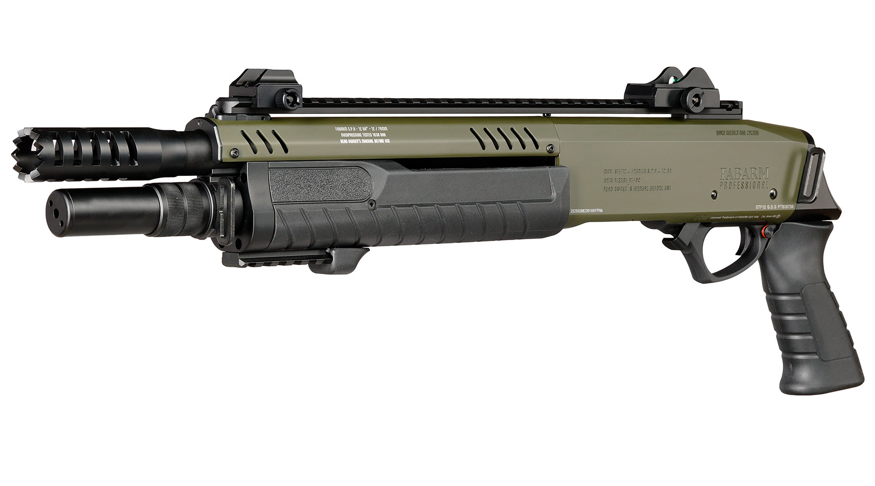 CYMA / BO Manufacture Fabarm STF12 Short 11 Zoll Vollmetall Pump Action Gas Shotgun 6mm BB oliv