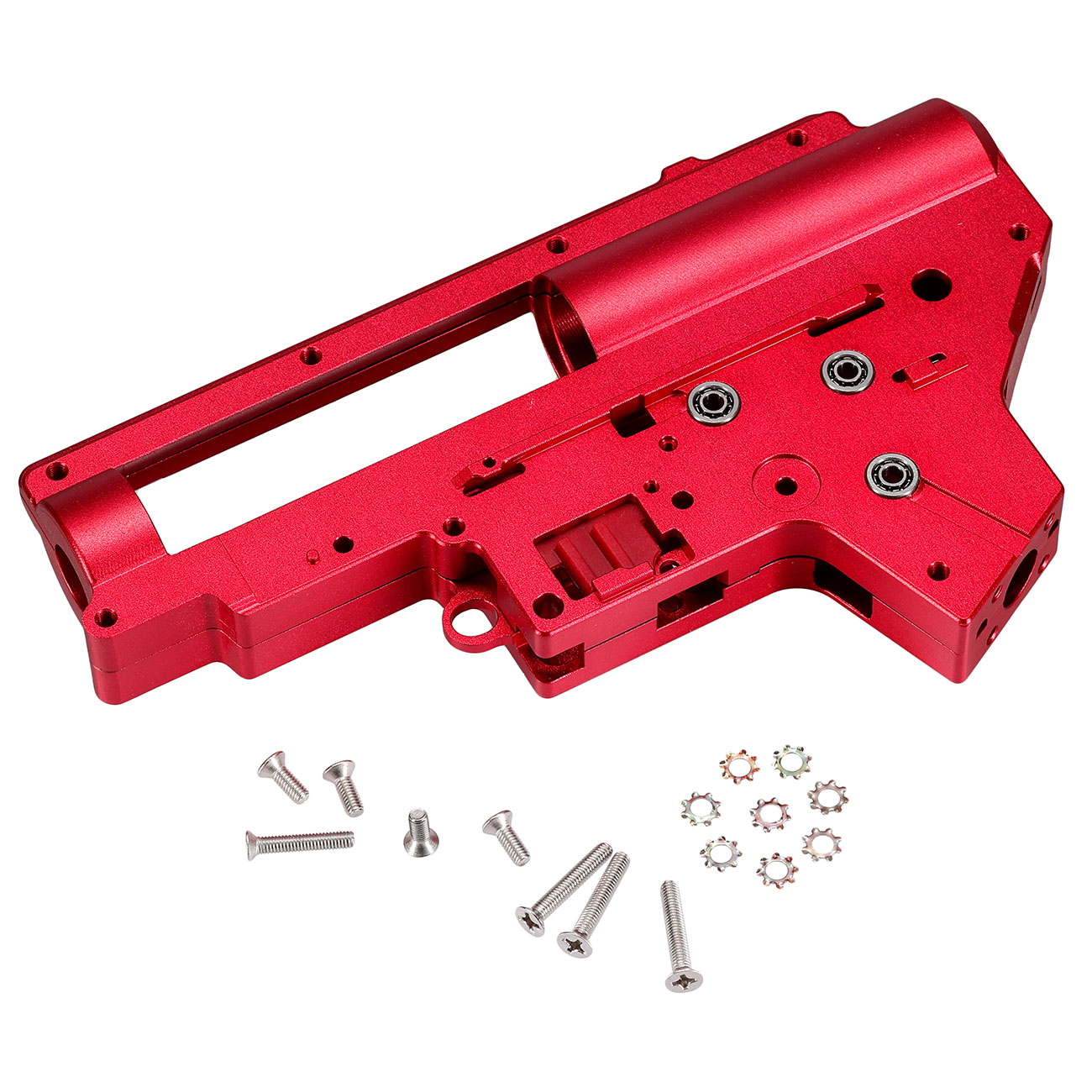 Evolution 8mm CNC 7075 Aluminium Gearboxgehuse Version 2 rot inkl. Kugellager / Switch-Assembly