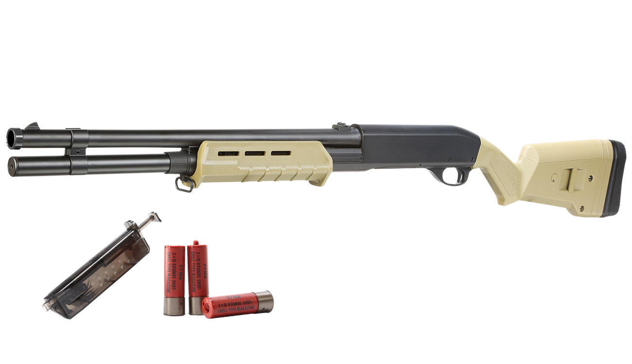 Cyma M870 MP-Style Shotgun Long-Type Tri-Barrel Vollmetall Springer 6mm BB Dark Earth