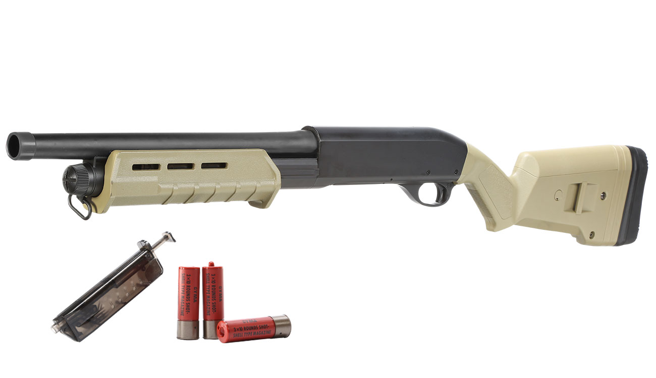 Cyma M870 MP-Style Shotgun Medium-Type Tri-Barrel Vollmetall Springer 6mm BB Dark Earth