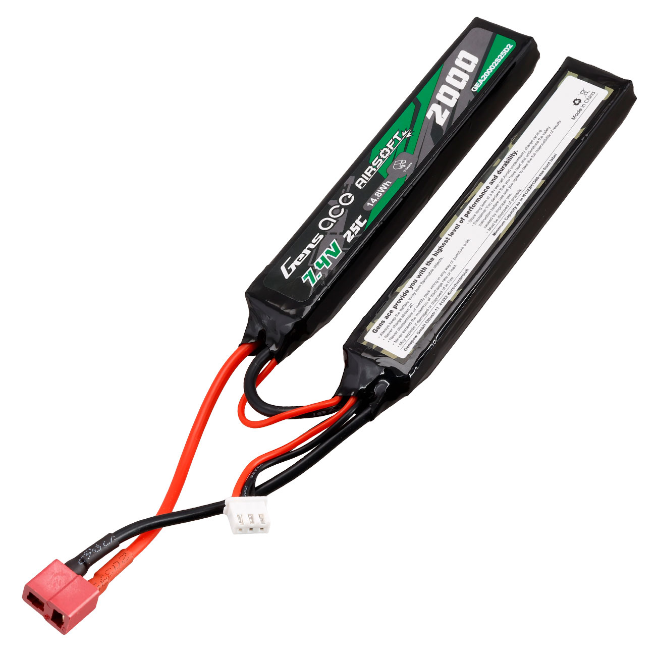 Gens Ace Airsoft LiPo Akku 7,4V 2000mAh 25C / 80C Small Two-Panel Type m. T-Stecker Anschluss