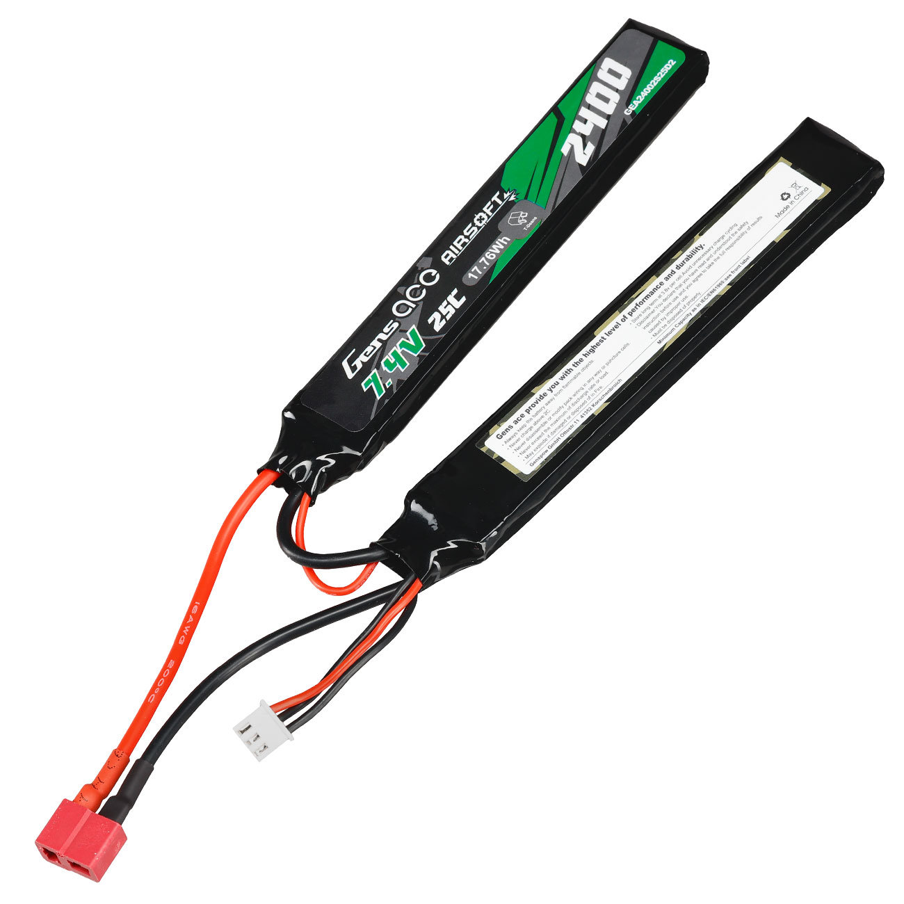 Gens Ace Airsoft LiPo Akku 7,4V 2400mAh 25C / 80C Small-Long Two-Panel Type m. T-Stecker Anschluss
