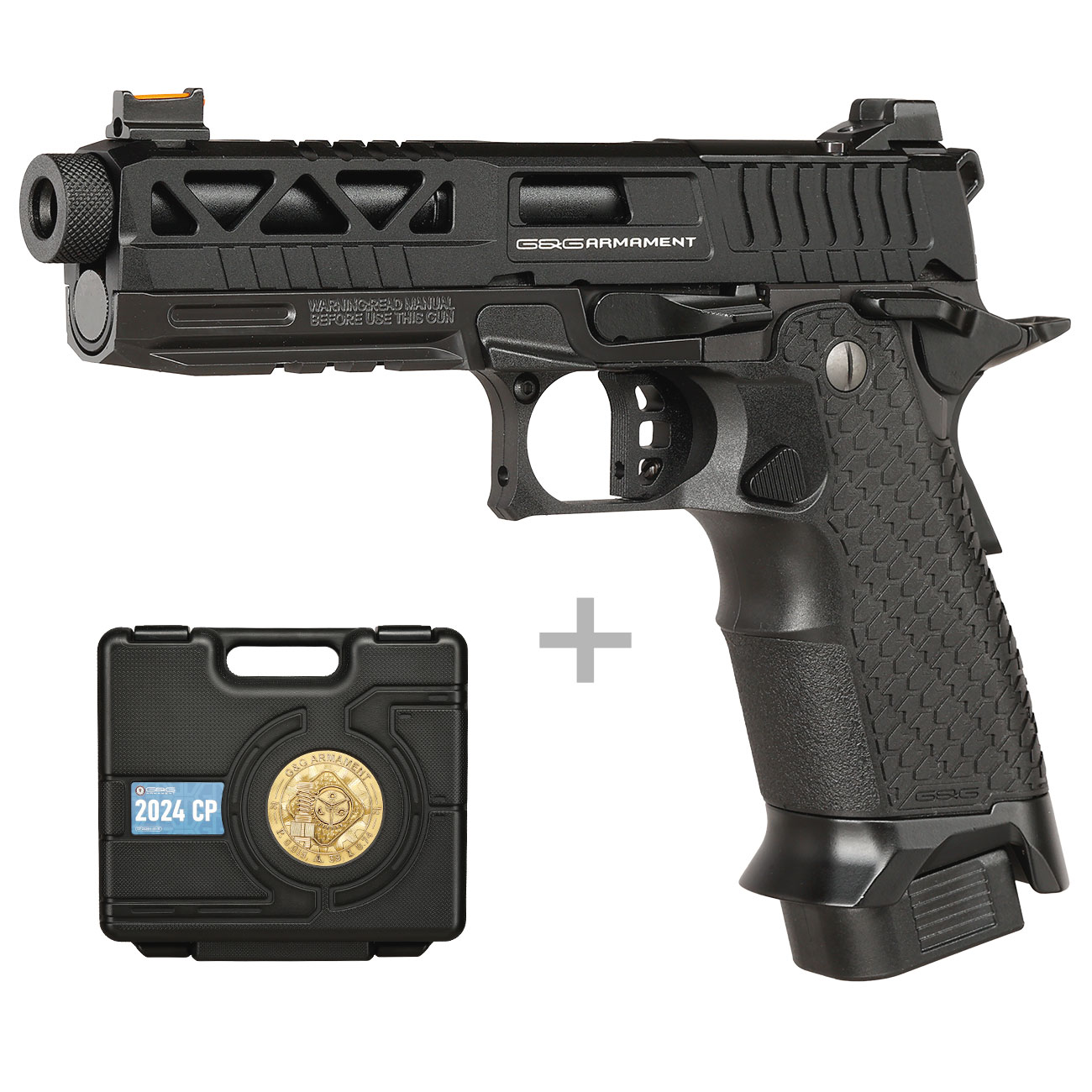 G&G 2024 CP Custom Airsoftpistole Hi-Capa Vollmetall GBB 6mm BB schwarz - Set mit 2 Magazinen / Pistolenkoffer