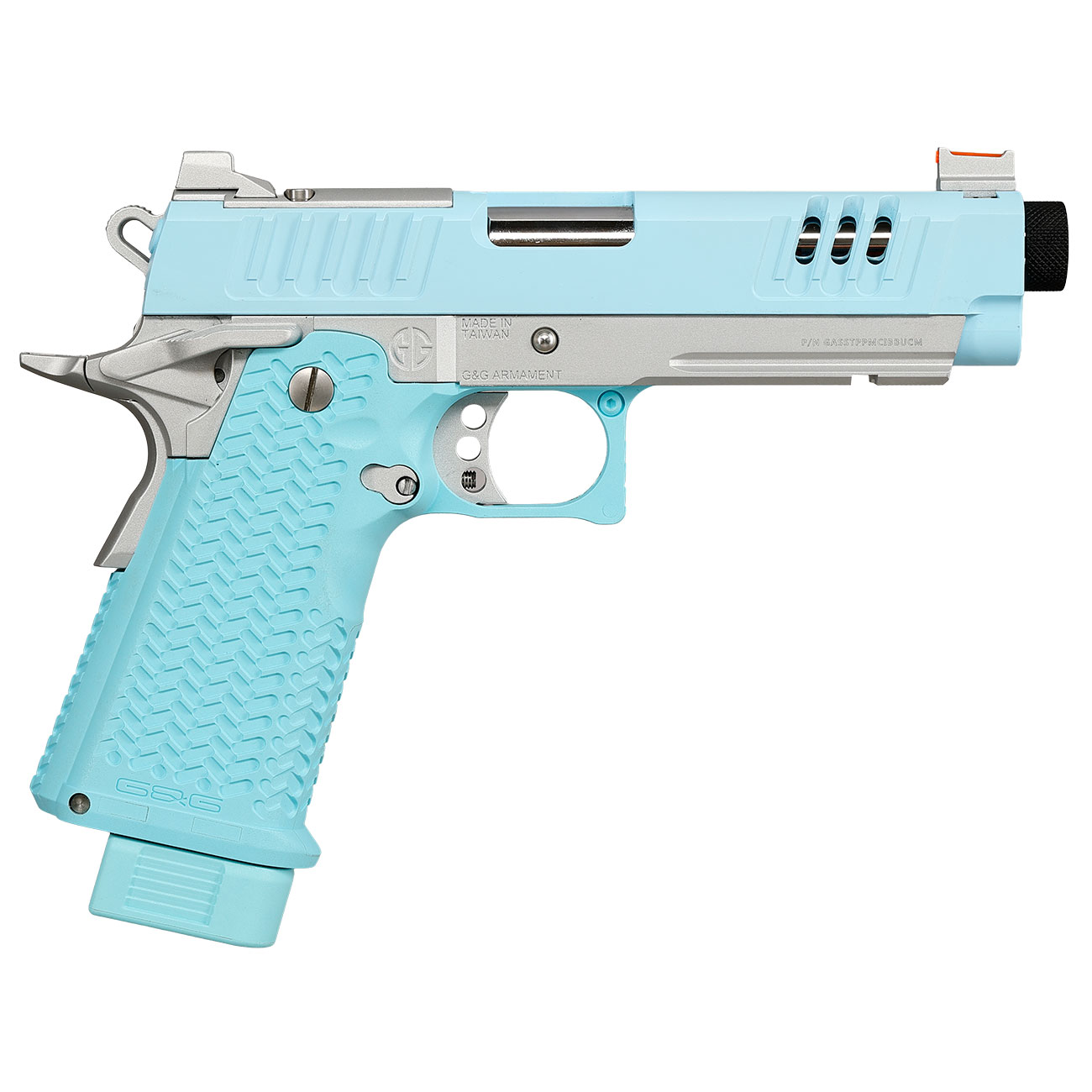 G&G STP45 Pro 8 Zoll Airsoftpistole Hi-Capa Vollmetall GBB 6mm BB Macaron Blue Edition - Set mit 2 Magazine / Pistolenkoffer Bild 3