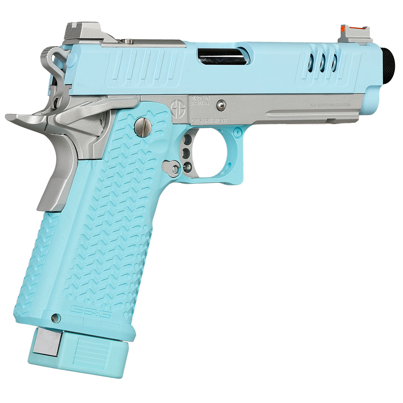 G&G STP45 Pro 8 Zoll Airsoftpistole Hi-Capa Vollmetall GBB 6mm BB Macaron Blue Edition - Set mit 2 Magazine / Pistolenkoffer Bild 4