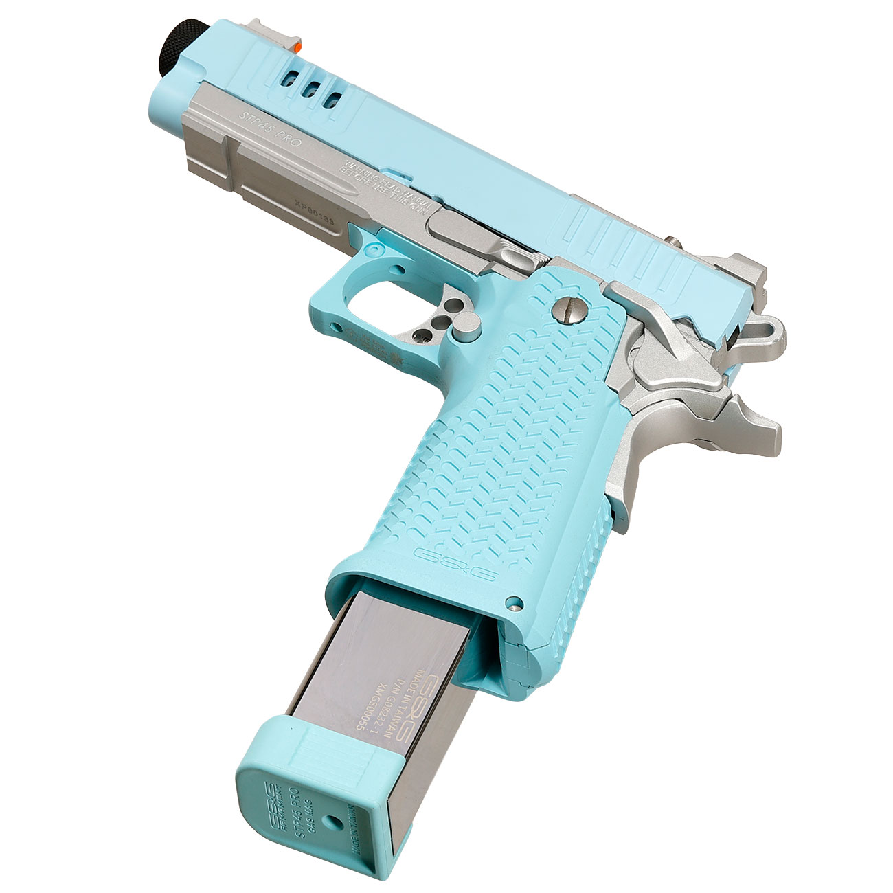 G&G STP45 Pro 8 Zoll Airsoftpistole Hi-Capa Vollmetall GBB 6mm BB Macaron Blue Edition - Set mit 2 Magazine / Pistolenkoffer Bild 5