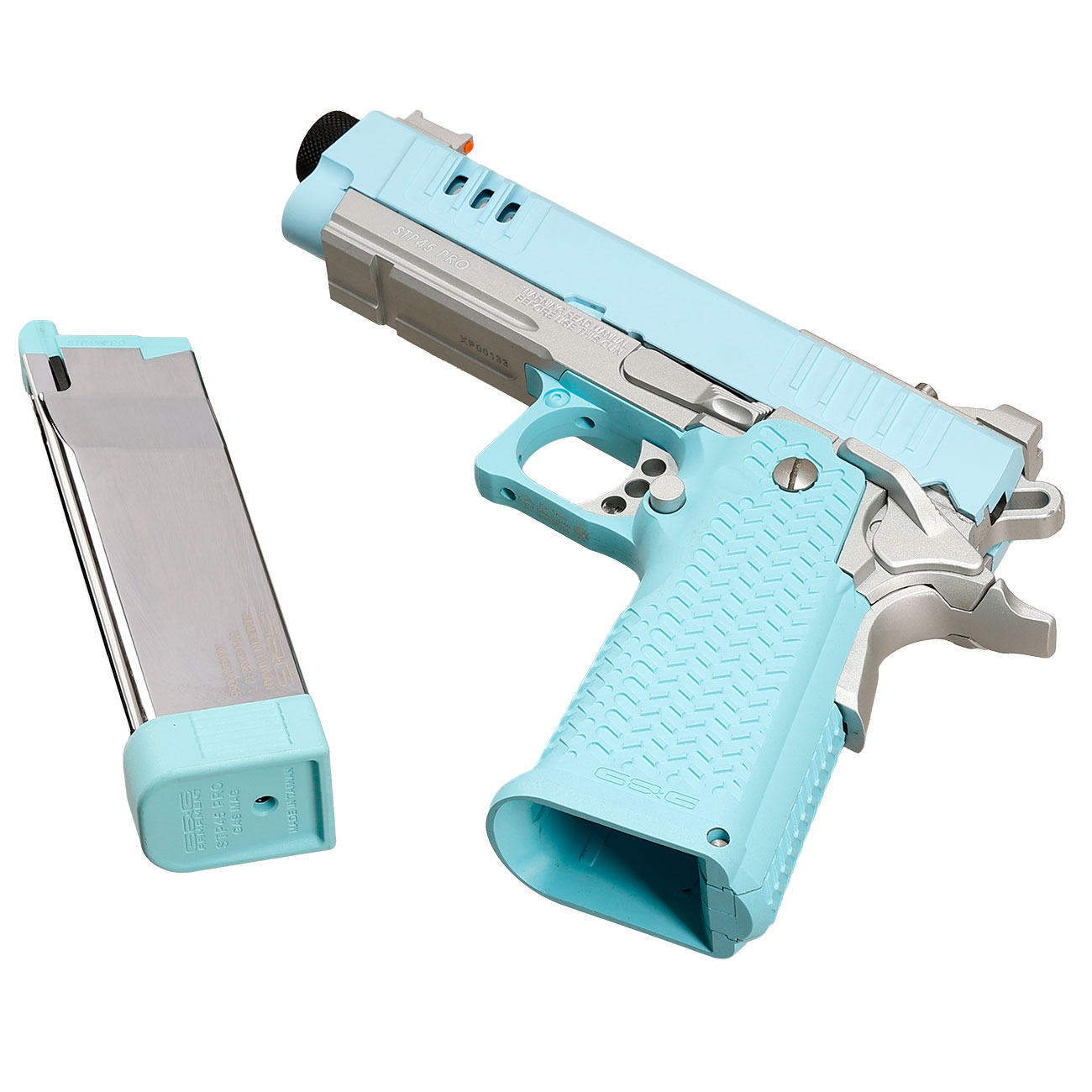 G&G STP45 Pro 8 Zoll Airsoftpistole Hi-Capa Vollmetall GBB 6mm BB Macaron Blue Edition - Set mit 2 Magazine / Pistolenkoffer Bild 6