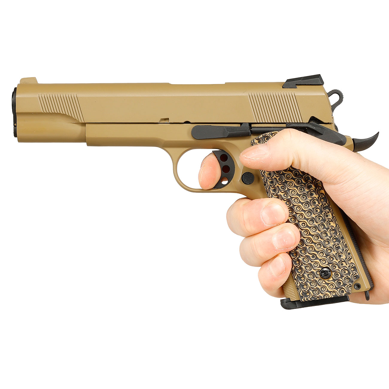 KLI M1911 MEU Vollmetall GBB 6mm BB Desert Tan - G10 Grip Edition Bild 11