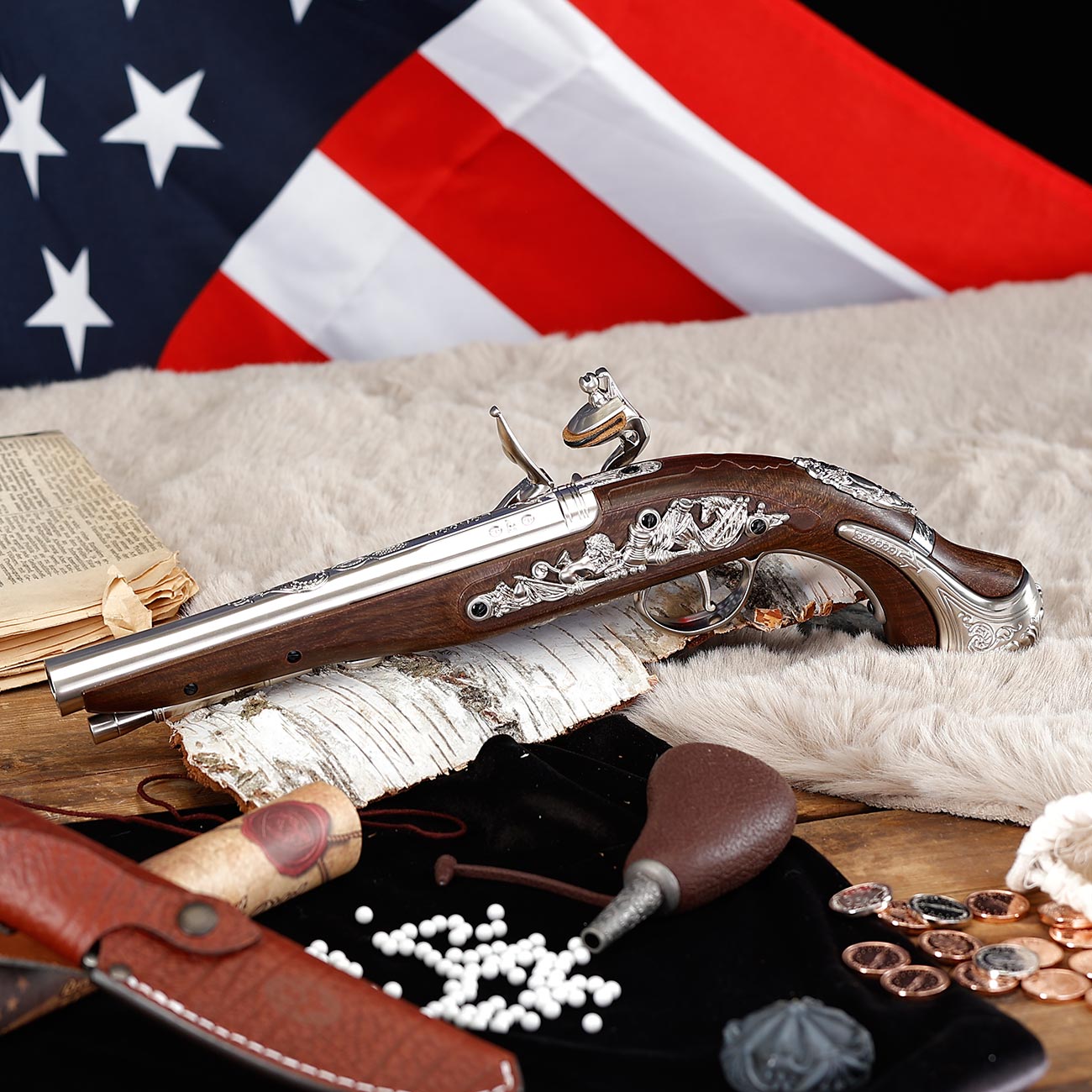 HFC George Washington Flintlock Pistole 18th Century Vollmetall CO2 holzoptik silber Bild 1