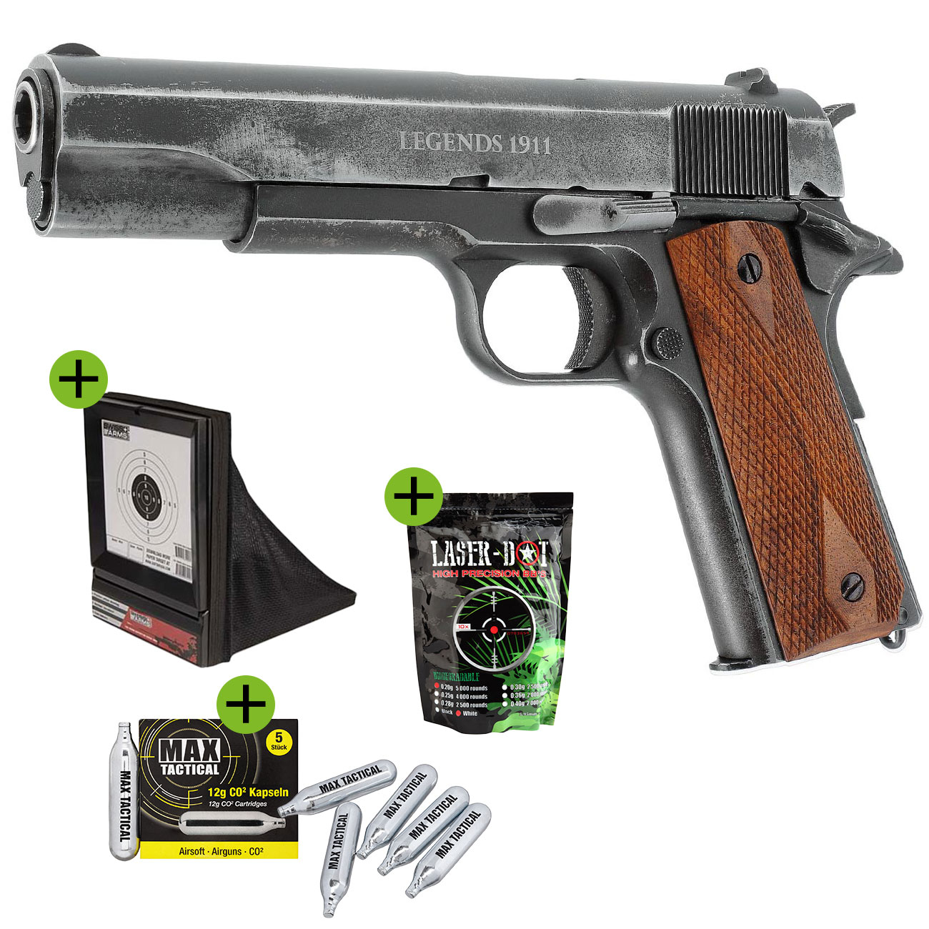 Legends 1911 Vintage CO2 Airsoft Pistole 6mm BB Vollmetall Echtholz Set mit 5x CO2 5000 BBs und Airsoft Kugelfang