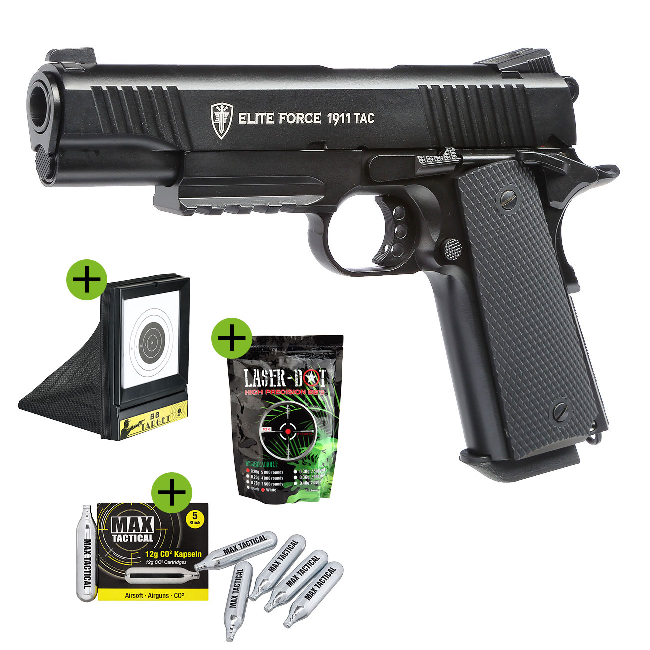 Elite Force 1911 TAC Airsoft Pistole CO2 Blowback 6mm BB Vollmetall Set inkl. 5x CO2 Kapseln 5000 BBs Laser Dot und Kugelfang