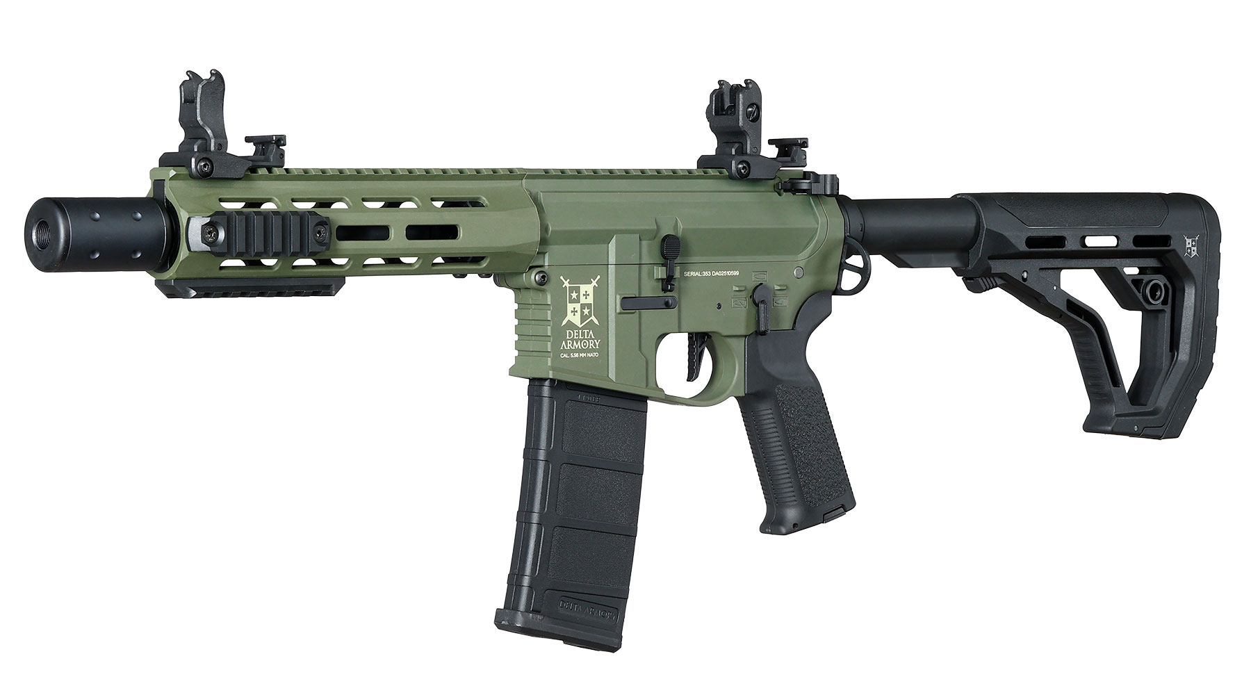 Delta Armory M4 AR15 Charlie M-LOK SilentOps 8 Zoll Eagle ETU Mosfet S-AEG 6mm BB oliv