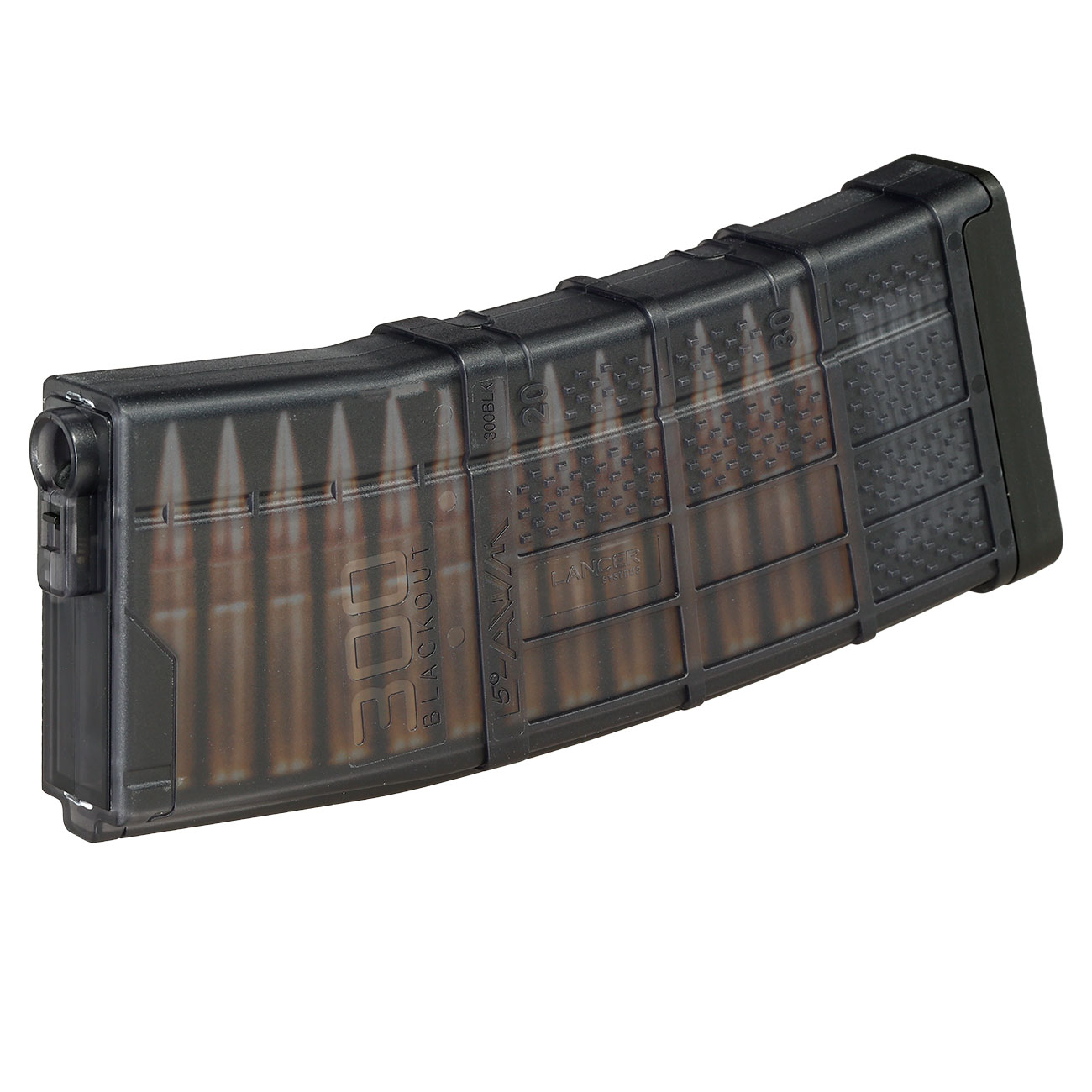 Cyma / Lancer Systems M4 / M16 L5-AWM 300 BLK Polymer-Magazin Mid-Cap 190 Schuss rauch-transparent / schwarz