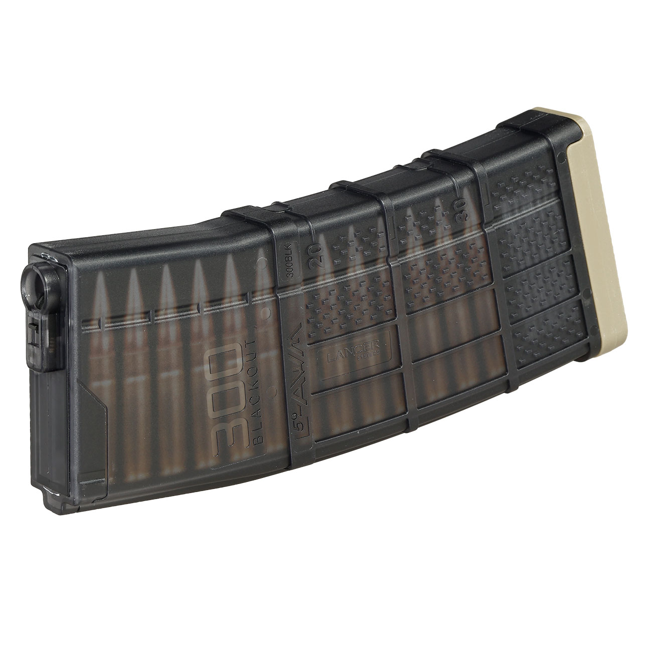 Cyma / Lancer Systems M4 / M16 L5-AWM 300 BLK Polymer-Magazin Mid-Cap 190 Schuss rauch-transparent / tan