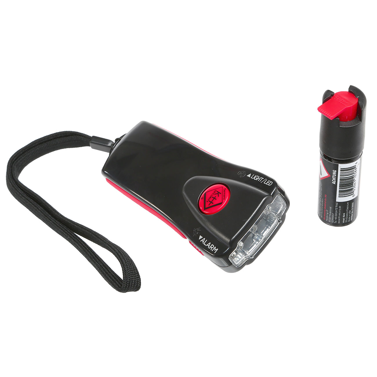 Geschenkset mit Pepper Jet Pocket Pfefferspray und Alarm LED-Taschenlampe schwarz Bild 2