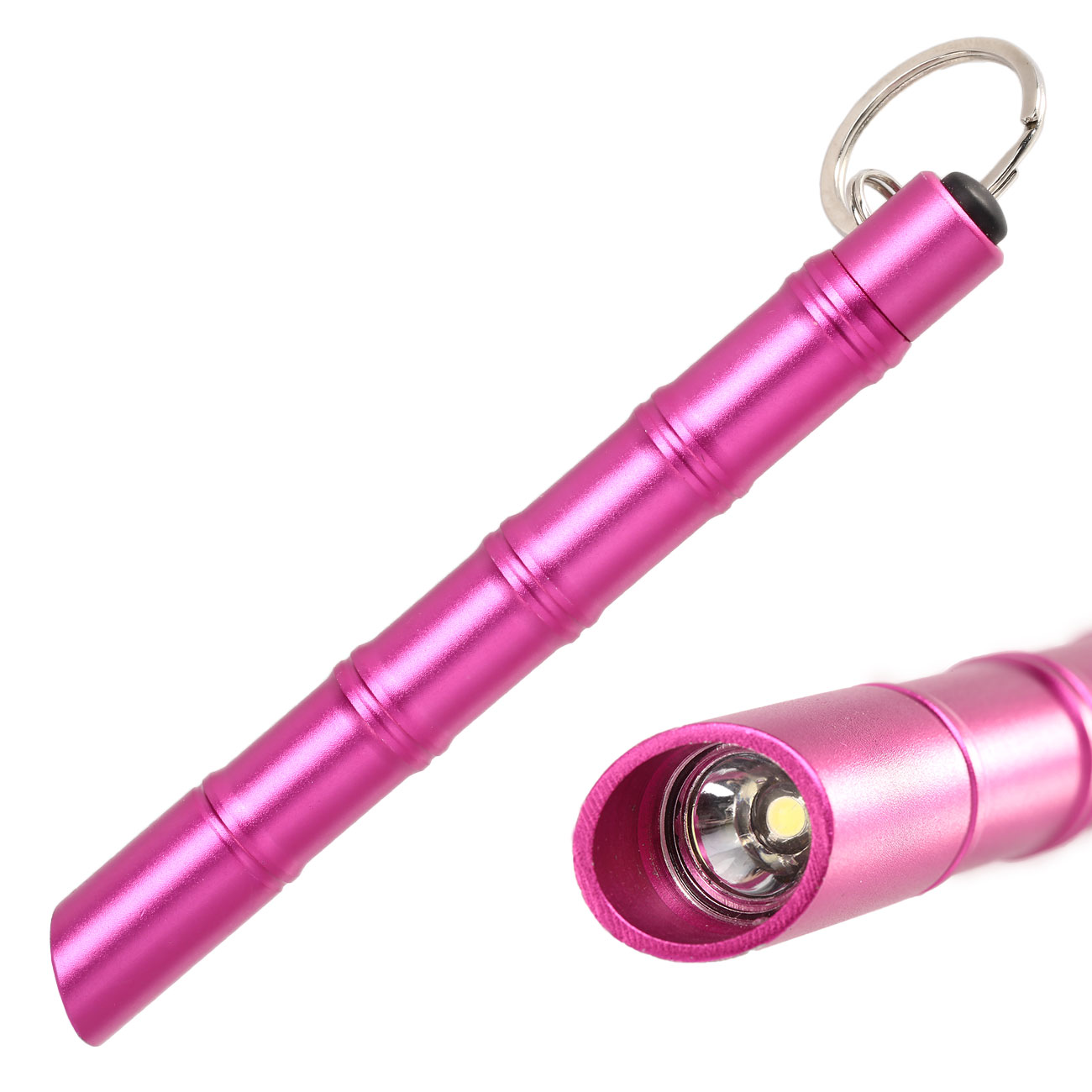 Kubotan Light Defender mit integrieter LED-Taschenlampe und Schlüsselring pink