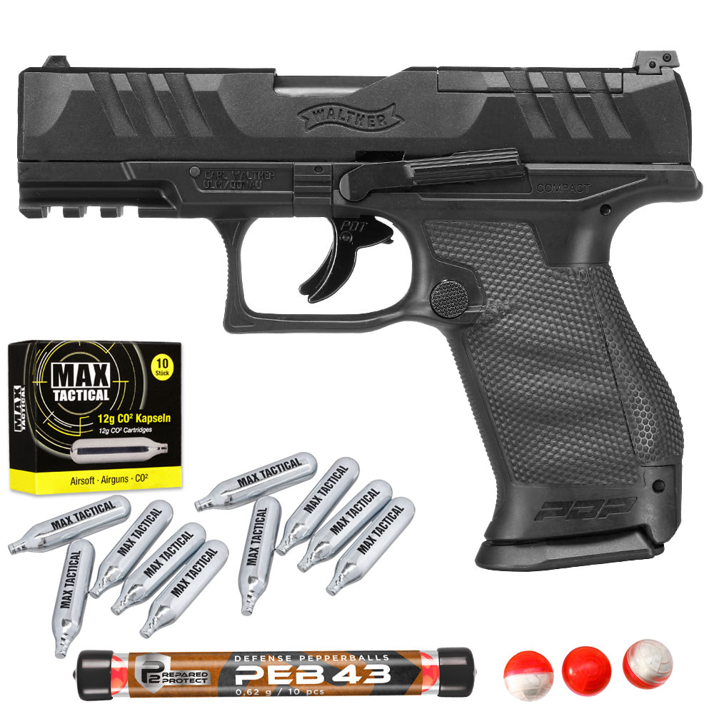 Walther PDP T4E Compact T4E CO2 RAM Pistole Kal. .43 im Set inkl. Pfefferkugeln und 12g CO2 Kapseln