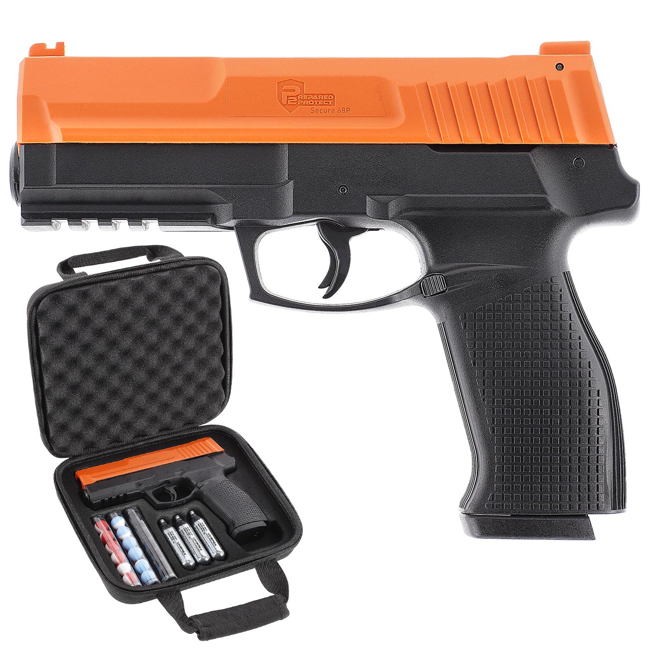 P2P Secure 68P CO2-RAM Pistole Kal. .68 im Komplettset mit Softkoffer orange / schwarz