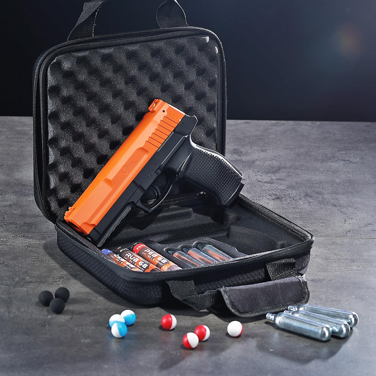 P2P Secure 68P CO2-RAM Pistole Kal. .68 im Komplettset mit Softkoffer orange / schwarz Bild 1