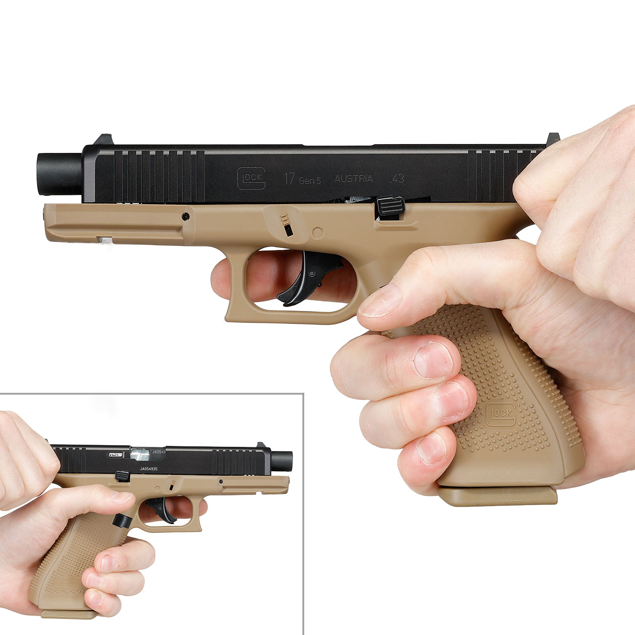 Glock 17 Gen.5 T4E mit Metallschlitten CO2-RAM Pistole Kal. .43 schwarz / coyote French Edition Bild 8