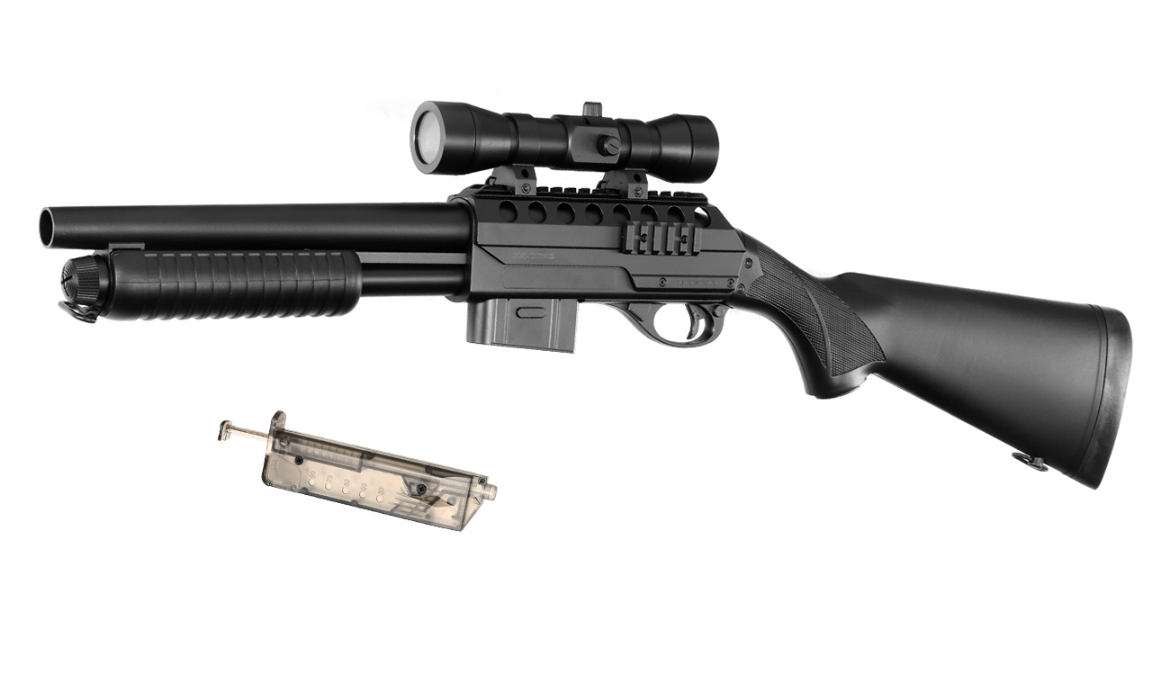 D.E. M3000 Gewehr-Shotgun inkl. Red-Cross Zielgert Springer 6mm BB schwarz
