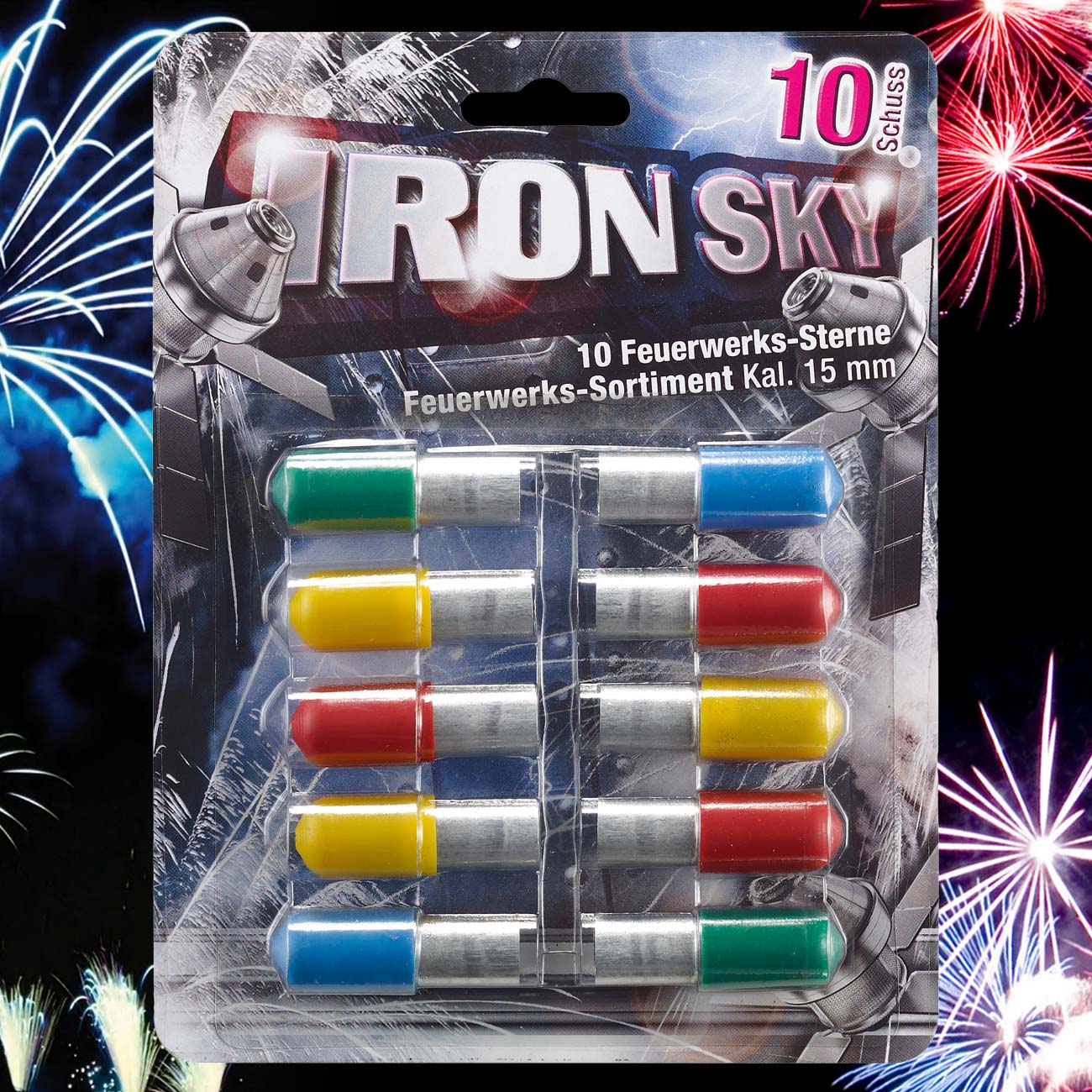 Iron Sky farbintensive Feuerwerk Signalsterne 10 Schuss bunt gemischt