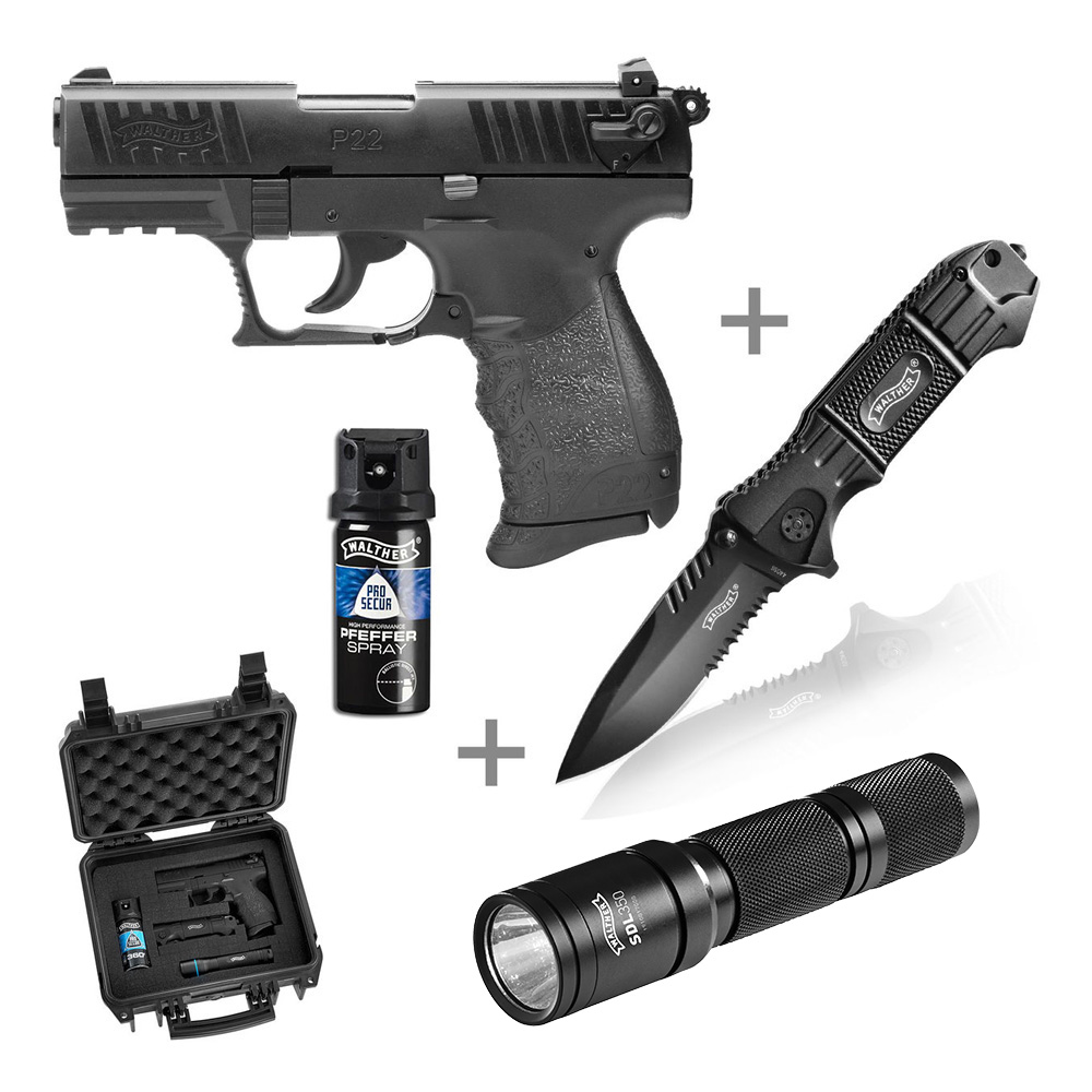 Walther P22Q Schreckschuss Pistole 9mm P.A.K. R2D-Kit inkl. Pfefferspray, Messer, Lampe, Waffenkoffer