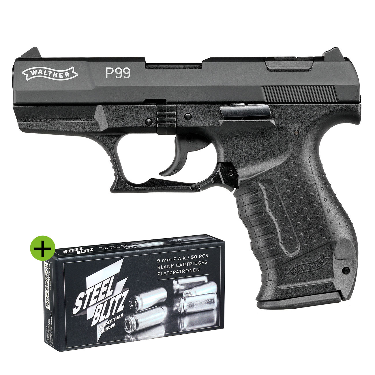 Walther P99 Schreckschuss Pistole Kal. 9mm P.A.K. brniert + 50 Schuss Pobjeda Steel Blitz